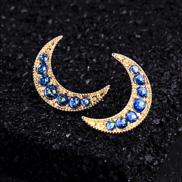 Jewelry - Gold/Blue Opal Gem Crescent Moon Studs
